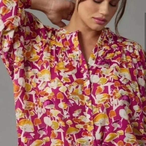 Anthropologie | Maeve Pink Orange Mushroom Print Button Shirt Blouse Top 2X - Picture 3 of 10